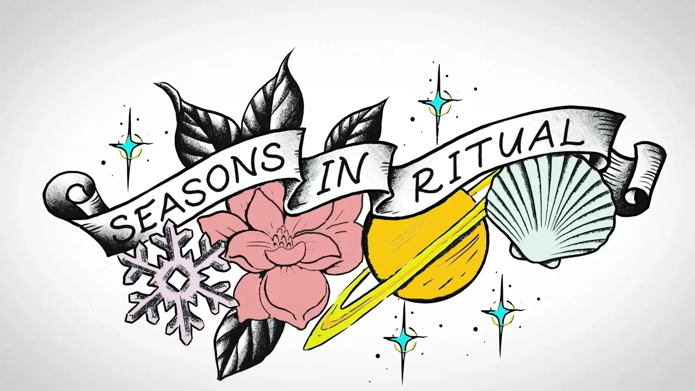 Hand-drawn Seasons in Ritual banner with magnolia, snowflake, planet, and shell